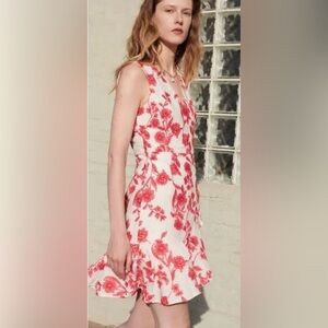 Rebecca Taylor Linen Red and White Floral Mini Dress with Ruffle Bottom